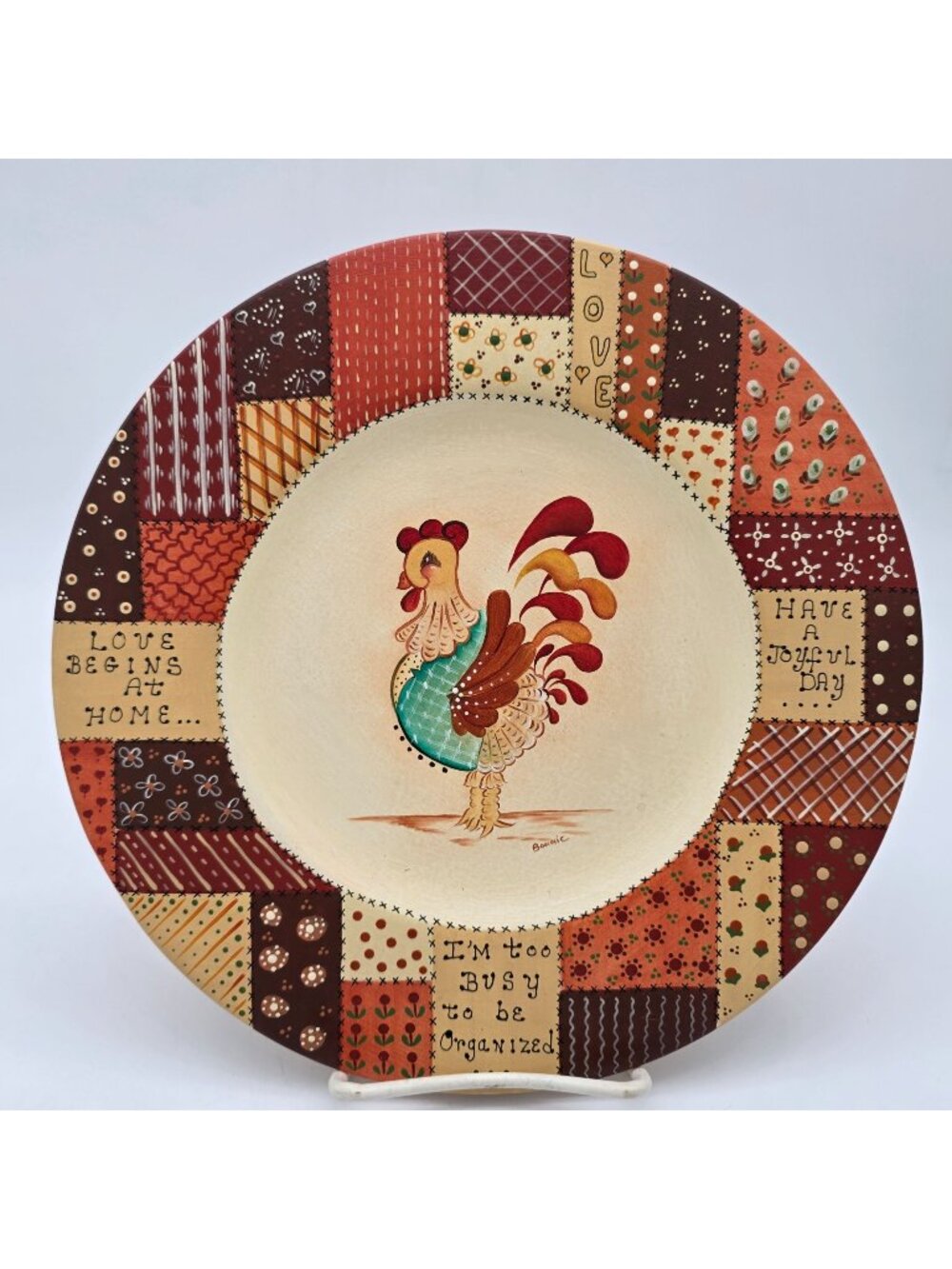Solid Wood Rooster Decorative Plate Patchwork & Inspirational Quotes Hand-Painte